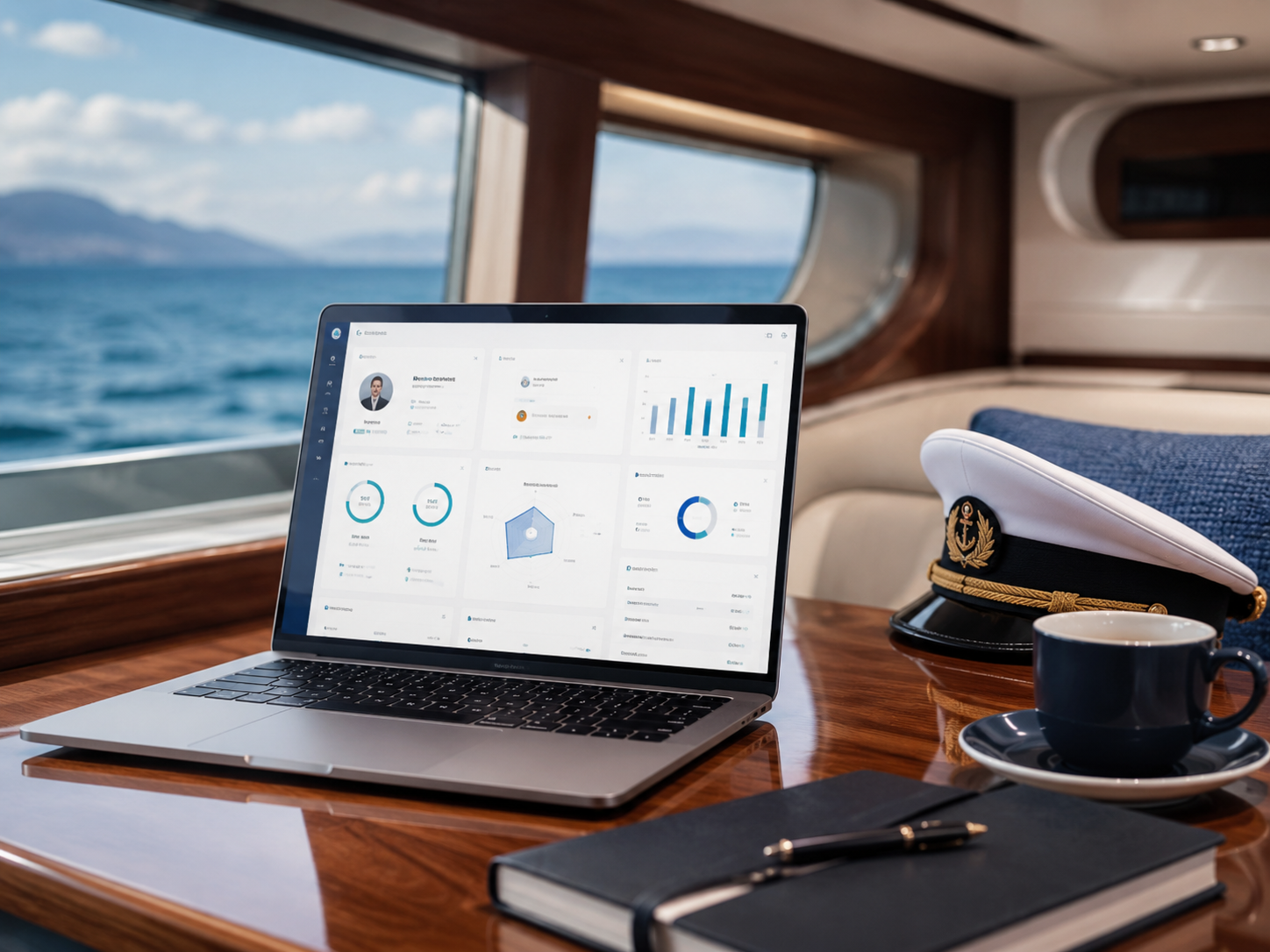 Assessment reports on a laptop aboard a yacht